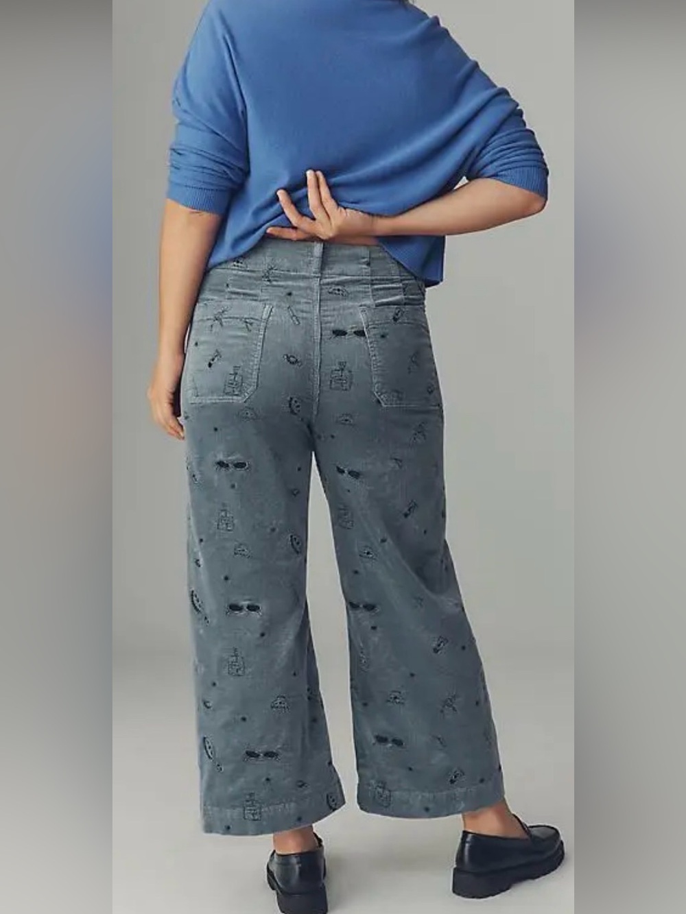 Anthropologie Maeve The Colette Gray Crop Wide Leg Embroidered Corduroy Pants - Picture 2 of 13
